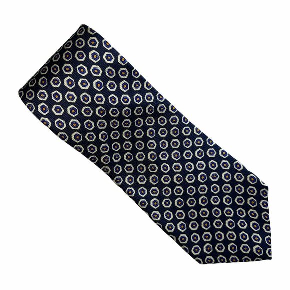 Lauren Ralph Lauren Navy Geometric Hand Finished 100% Silk Necktie Made in USA - Picture 1 of 11